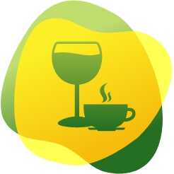 Ikona ar vīna glāzi un kafijas tasi, kas simbolizē, ka izvairīšanās no kofeīna un alkohola var novērst vēdera pūšanos